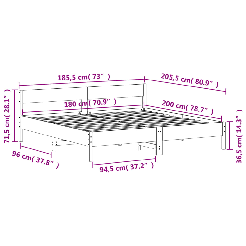 vidaXL sengeramme uden madras 180x200 cm massivt fyrretræ hvid