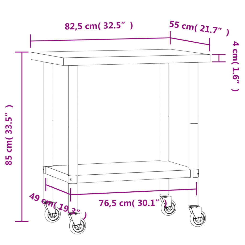 vidaXL arbejdsbord med hjul til køkken 82,5x55x85 cm rustfrit stål