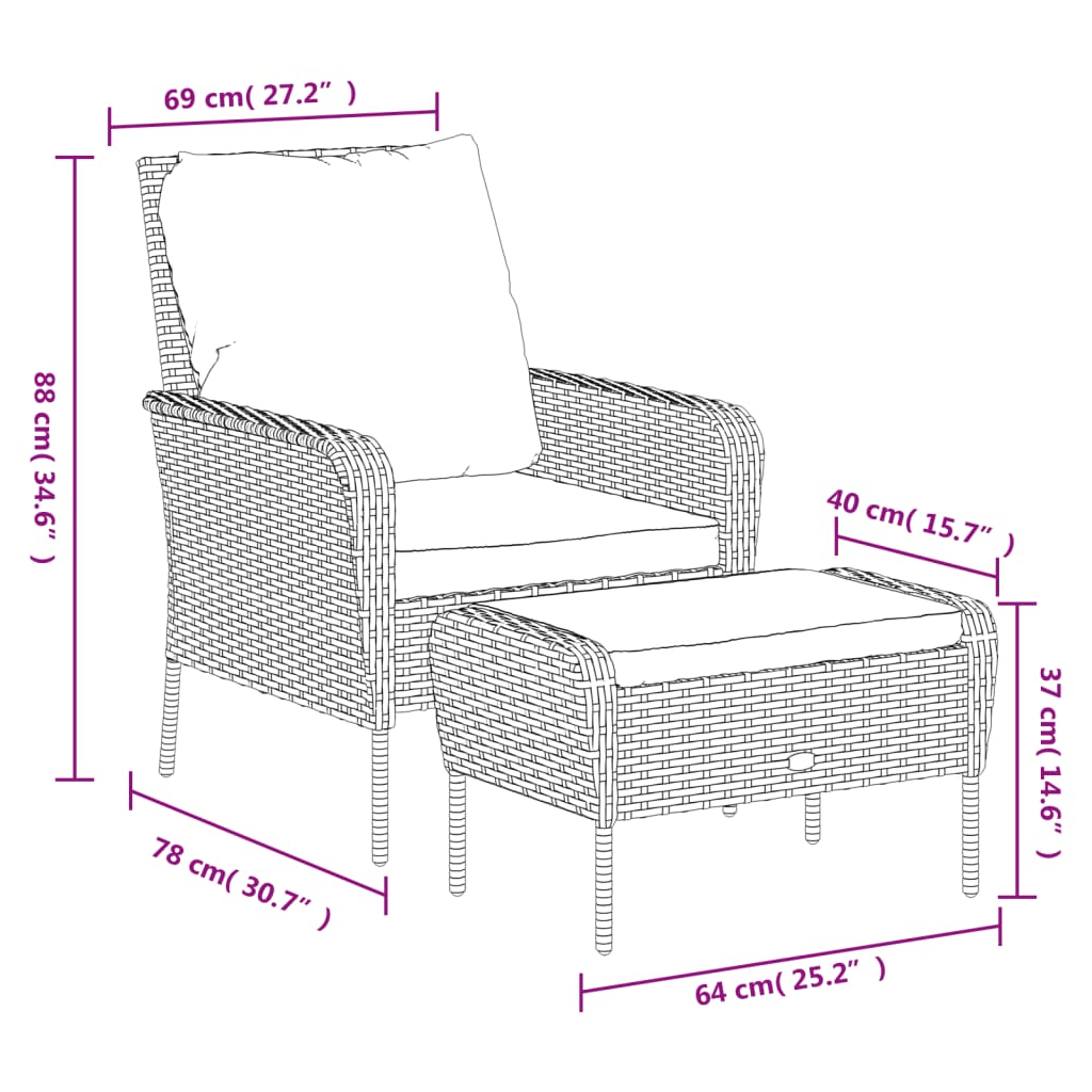 vidaXL havestol med fodskammel polyrattan sort