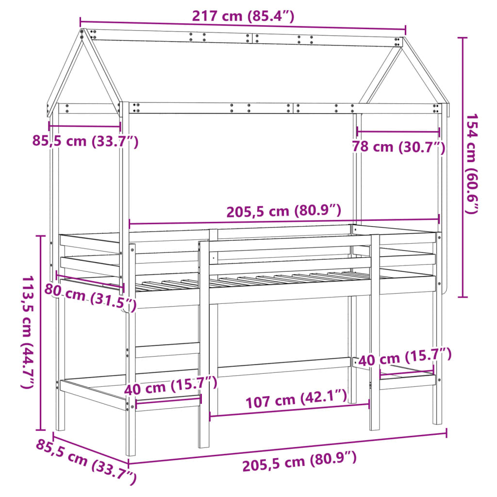 vidaXL højseng med stige og tag 80x200 cm massivt fyrretræ hvid