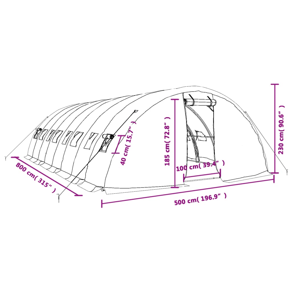 vidaXL drivhus med stålstel 40 m² 8x5x2,3 m hvid