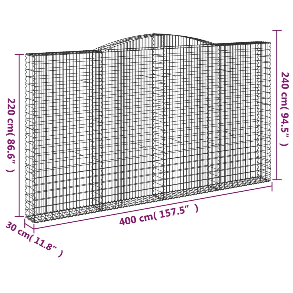 vidaXL buede gabionkurve 25 stk. 400x30x220/240 cm galvaniseret jern