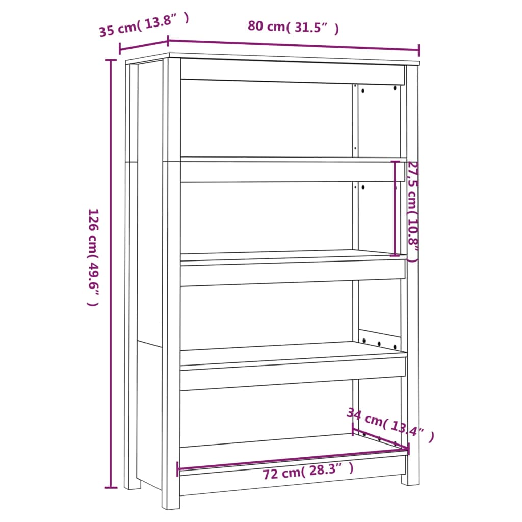 vidaXL bogreol 80x35x126 cm massivt fyrretræ hvid