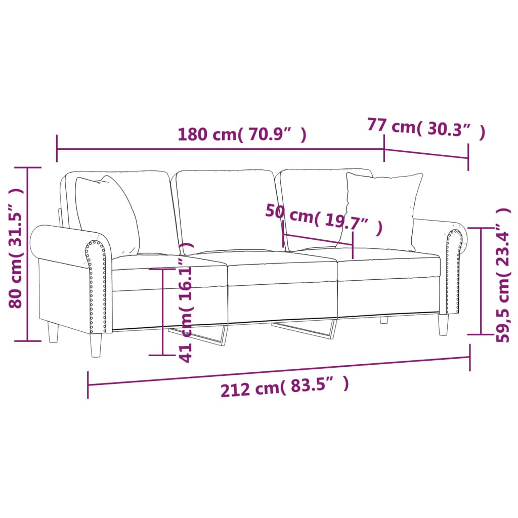 vidaXL 3-personers sofa med pyntepuder 180 cm velour lysegrå