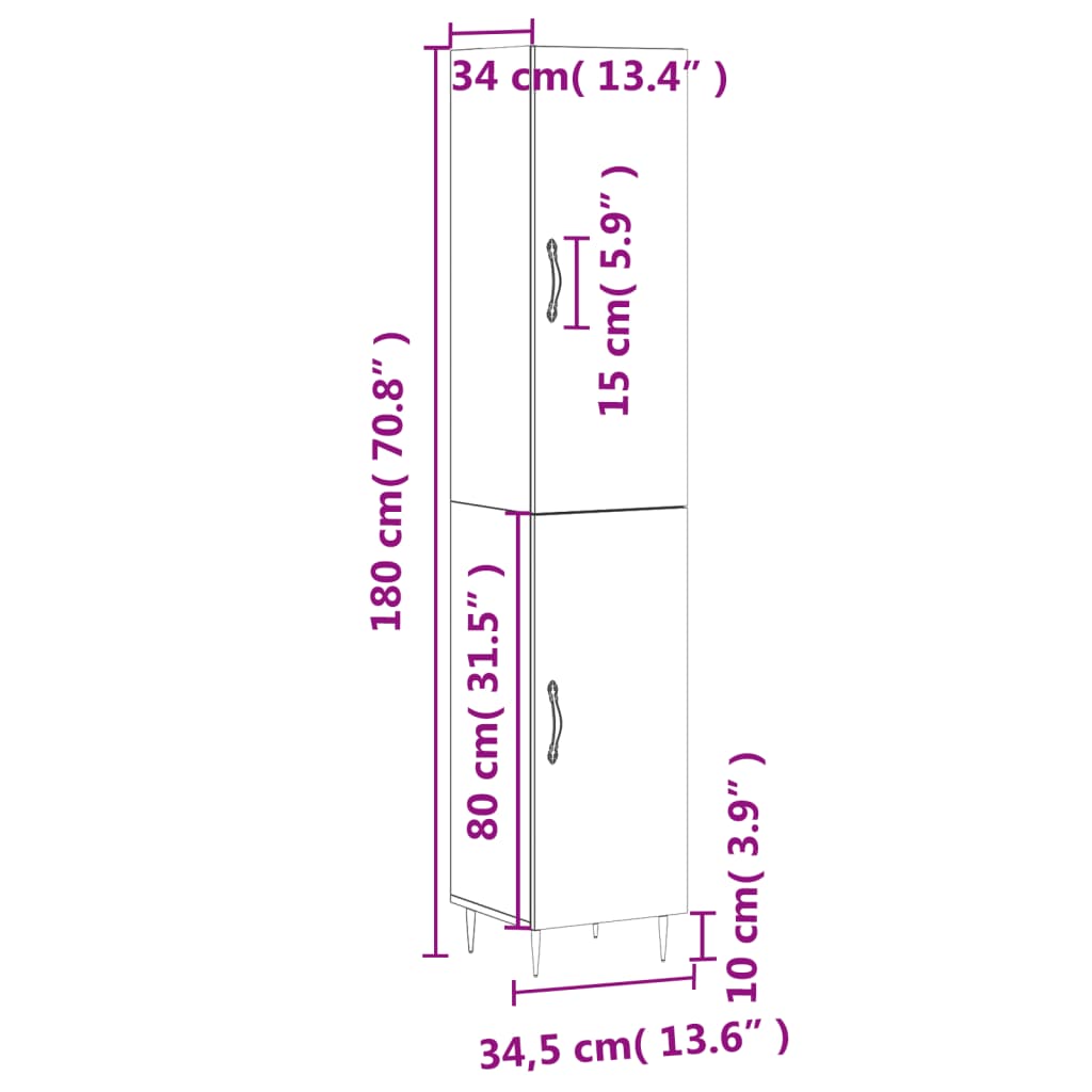 vidaXL højskab 34,5x34x180 cm konstrueret træ grå sonoma-eg