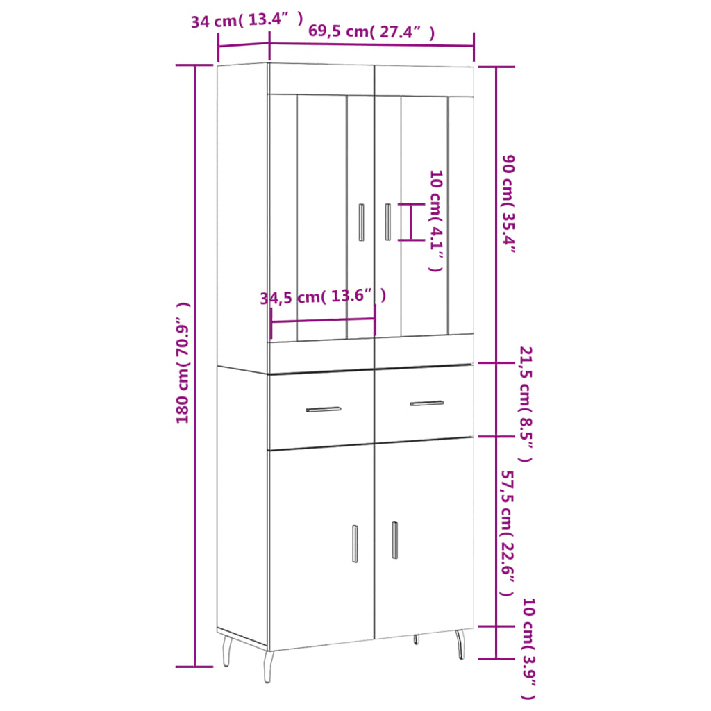 vidaXL højskab 69,5x34x180 cm konstrueret træ røget egetræsfarve