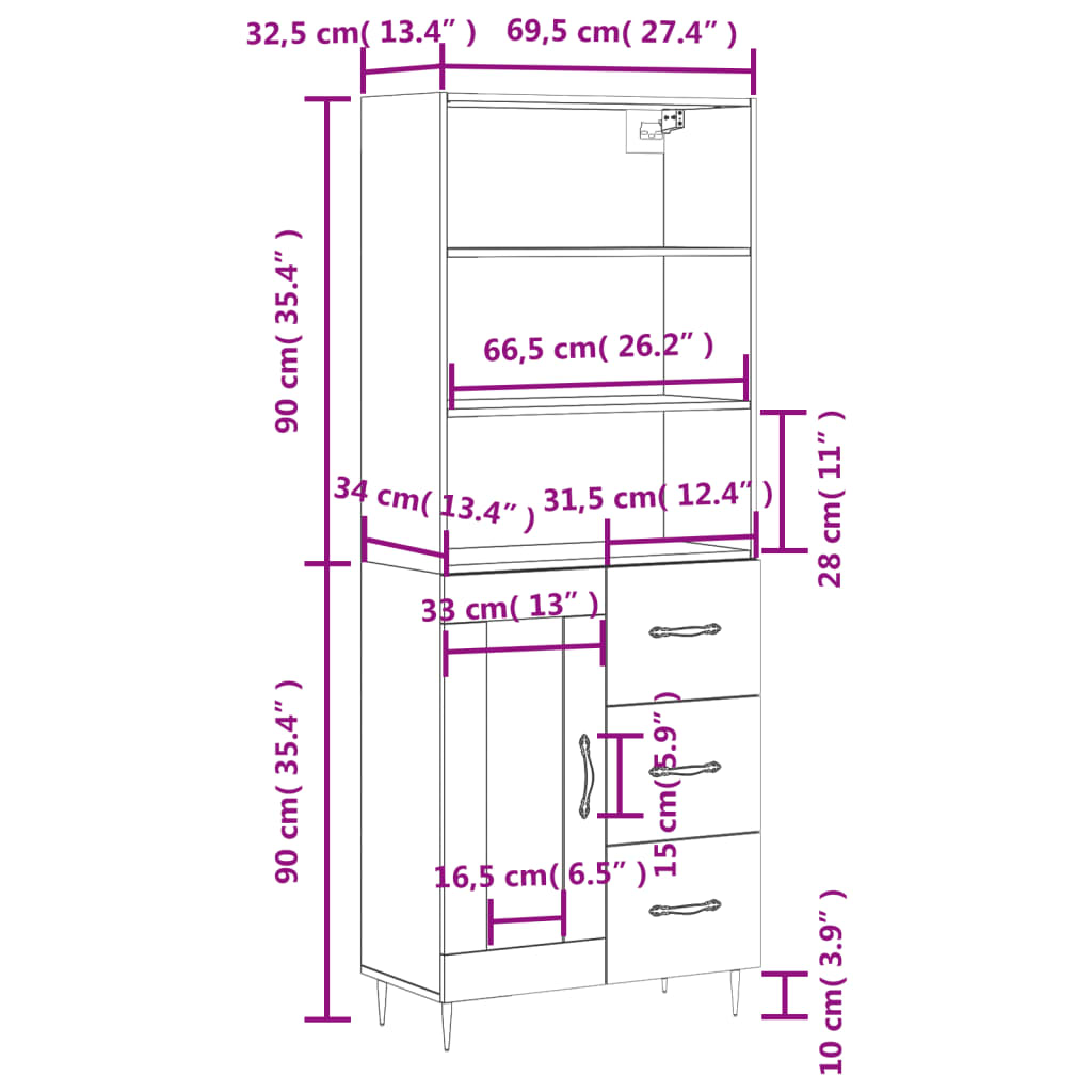 vidaXL højskab 69,5x34x180 cm konstrueret træ røget egetræsfarve