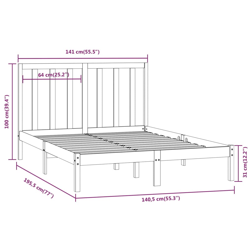 vidaXL sengeramme 135x190 cm Double massivt fyrretræ sort