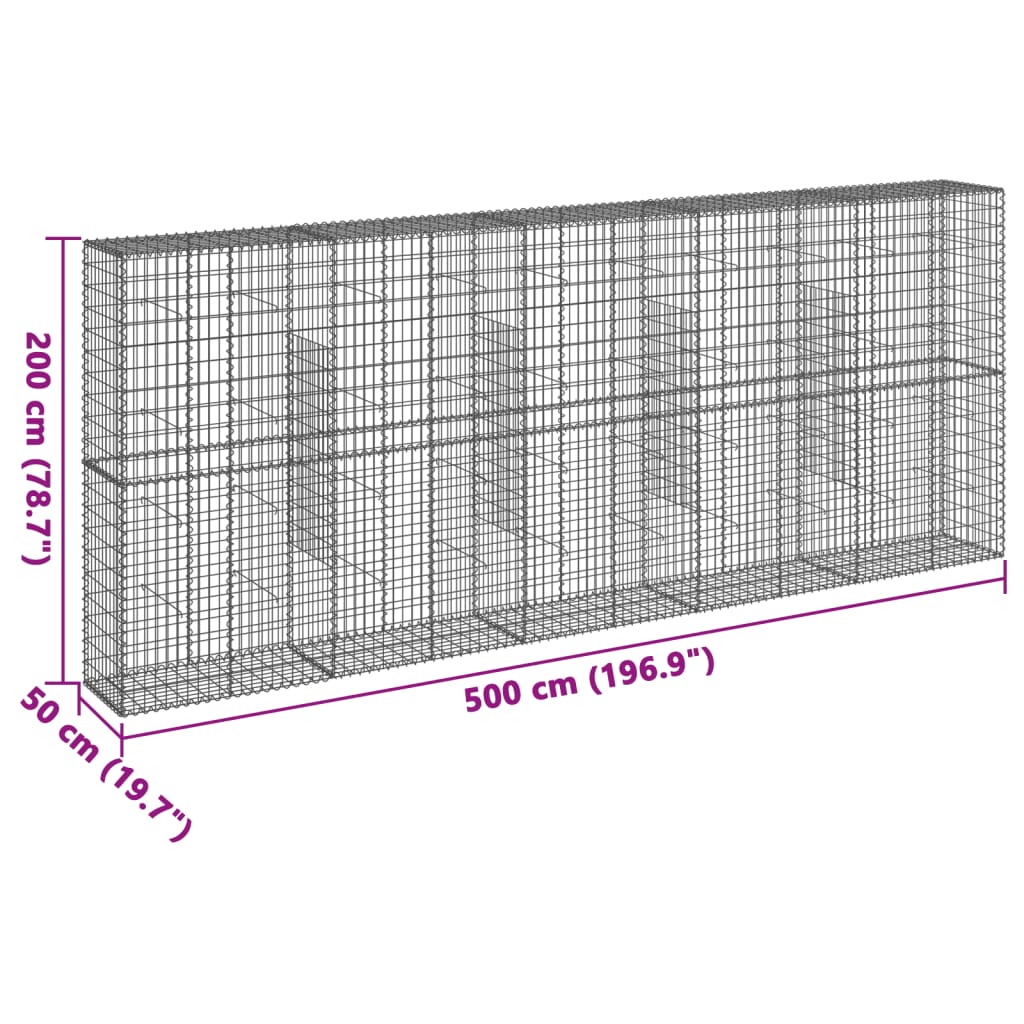 vidaXL gabionkurv med cover 500x50x200 cm galvaniseret jern