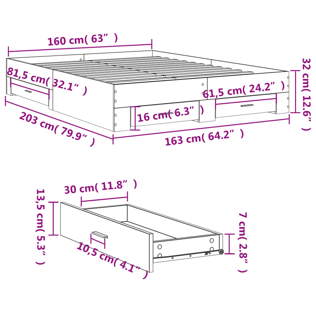 vidaXL sengeramme med skuffer 160x200 cm konstrueret træ brunt eg