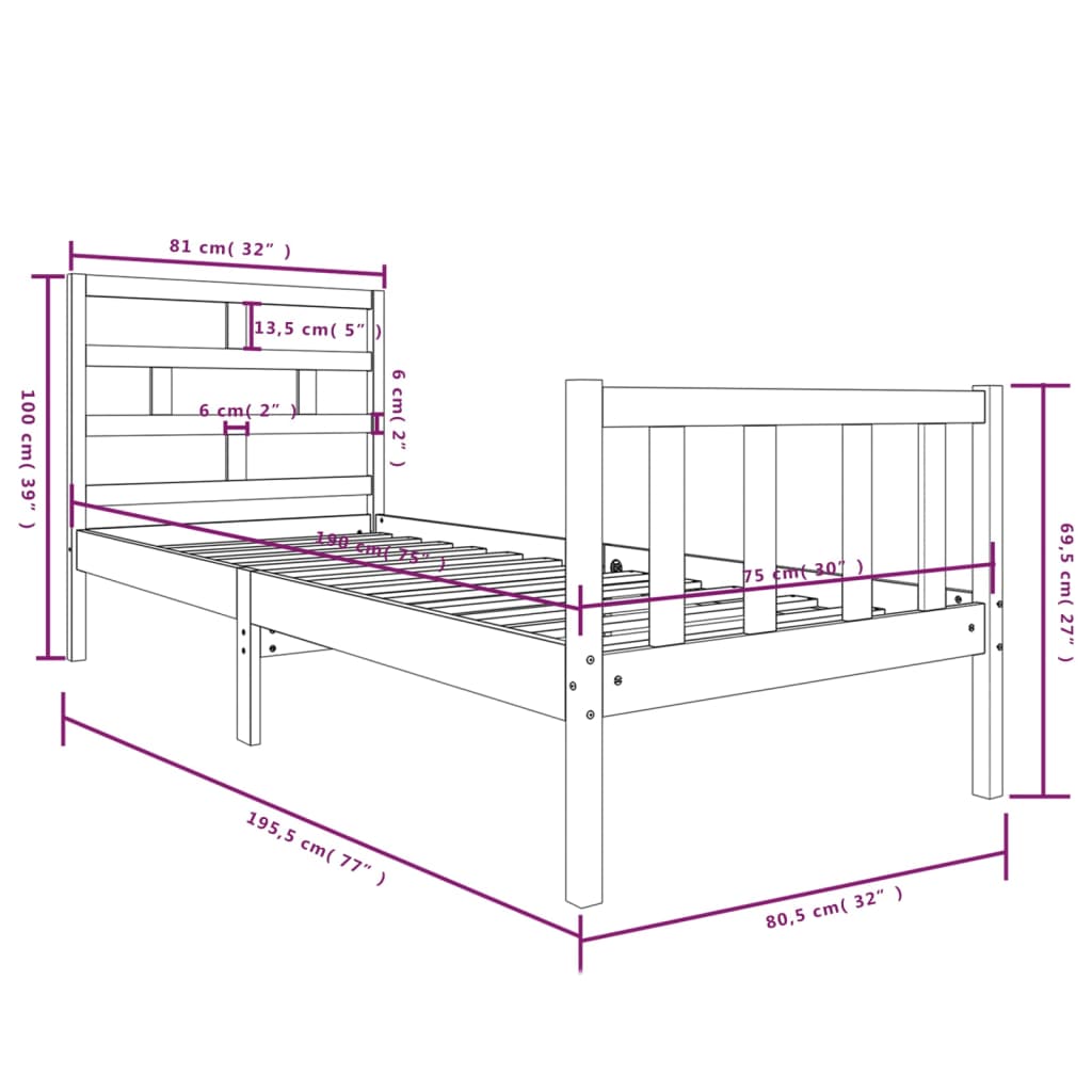 vidaXL sengeramme 75x190 cm massivt fyrretræ