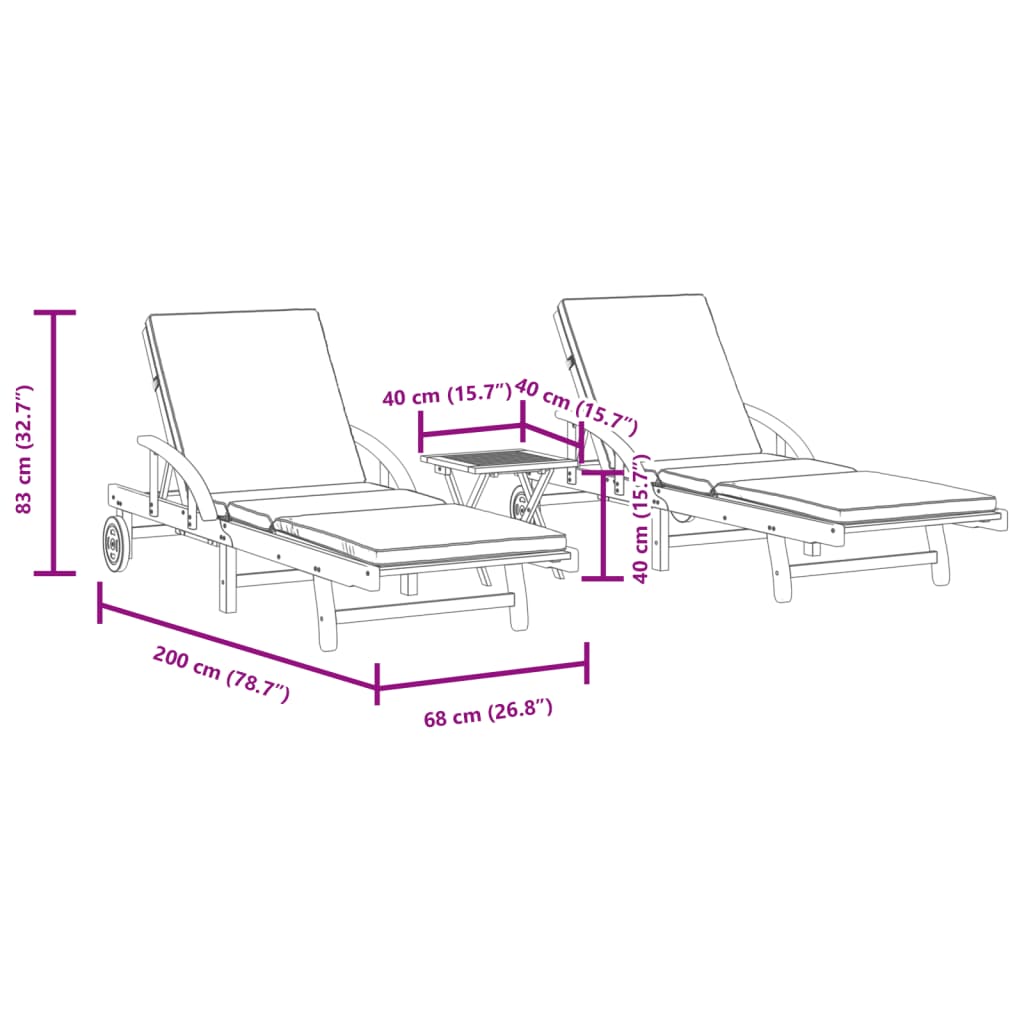 vidaXL liggestole 2 stk. med bord massivt akacietræ