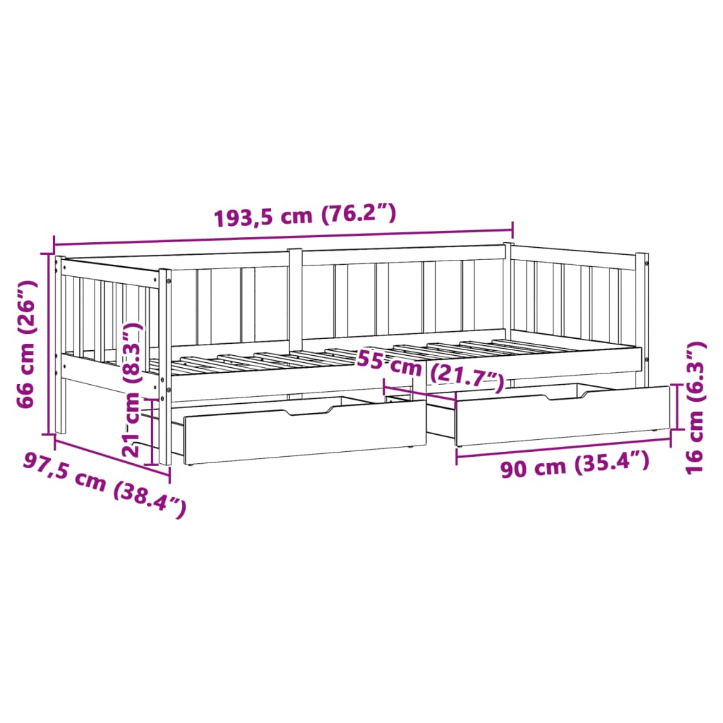 vidaXL daybed med skuffer 90x190 cm massivt fyrretræ hvid