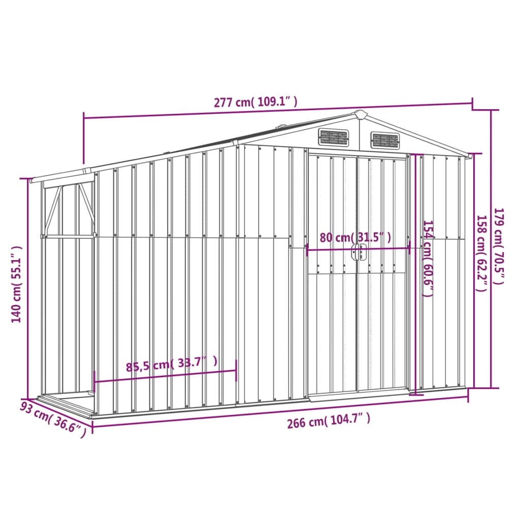 vidaXL haveskur 277x93x179 cm galvaniseret stål brun