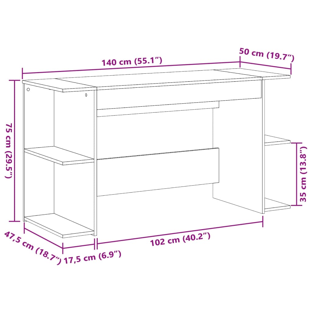 vidaXL skrivebord 140x50x75 cm konstrueret træ grå sonoma-eg