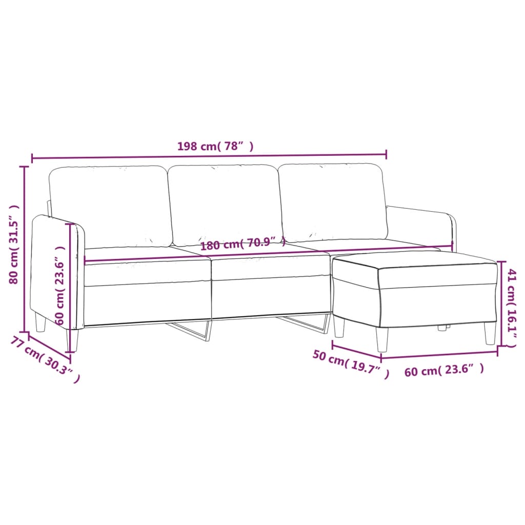 vidaXL 3-personers sofa med fodskammel 180 cm stof Lysegrå