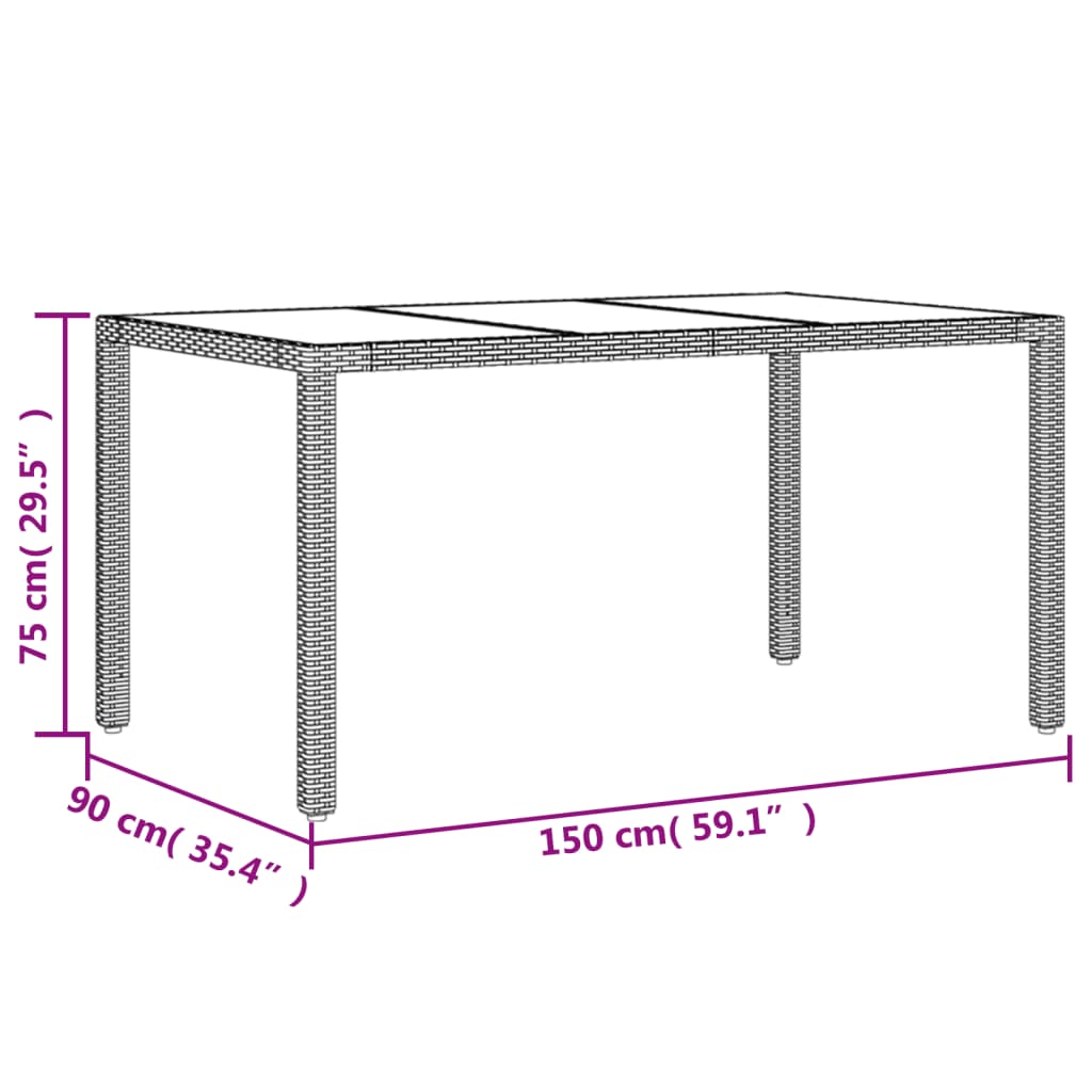 vidaXL havebord med glastop 150x90x75 cm polyrattan grå