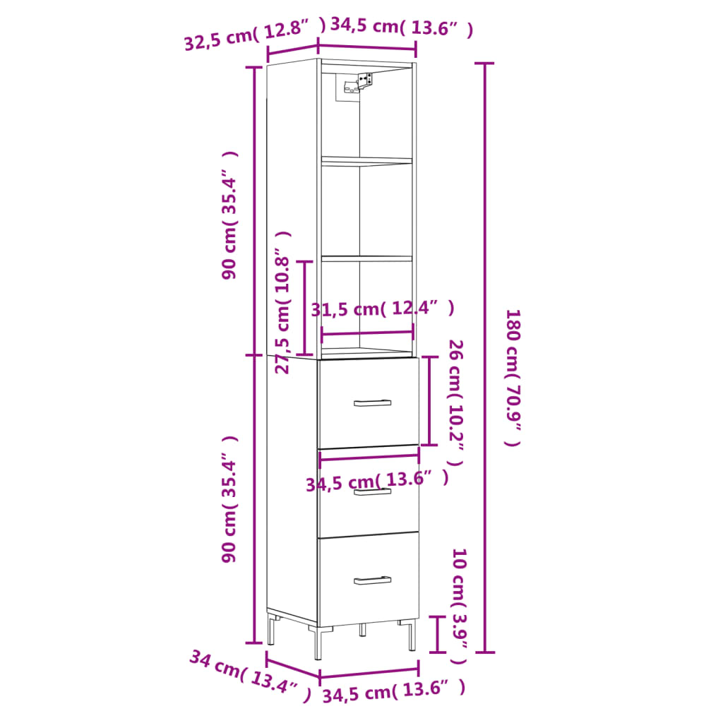 vidaXL højskab 34,5x34x180 cm konstrueret træ grå sonoma-eg