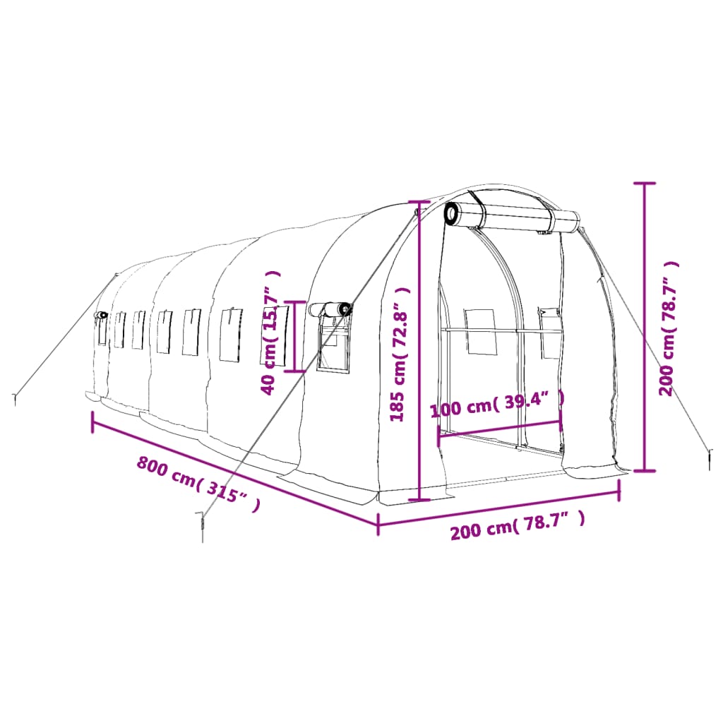 vidaXL drivhus med stålstel 16 m² 8x2x2 m hvid