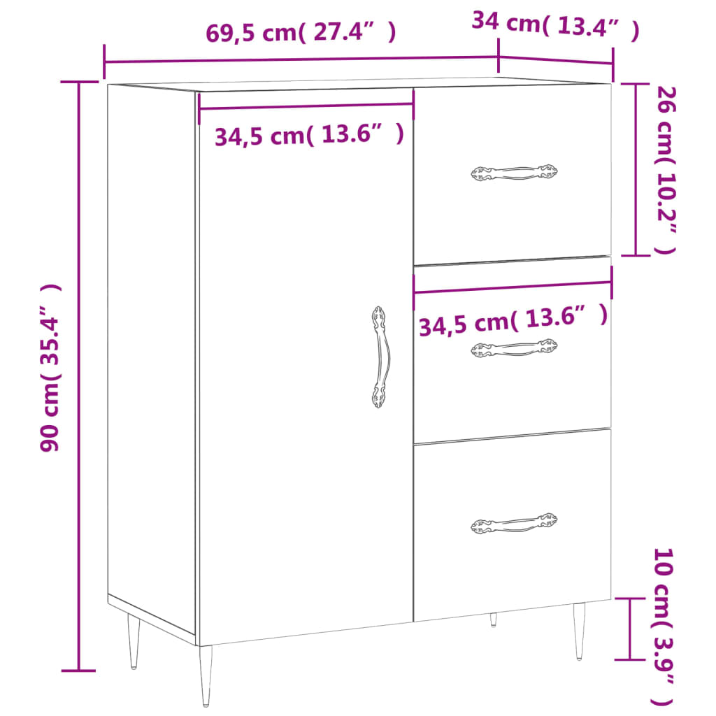 vidaXL skænk 69,5x34x90 cm konstrueret træ brun egetræsfarve