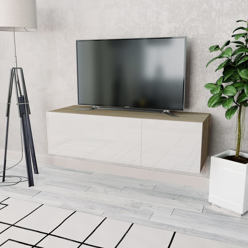 vidaXL tv-bord 120x40x34 cm konstrueret træ hvid højglans og egetræ