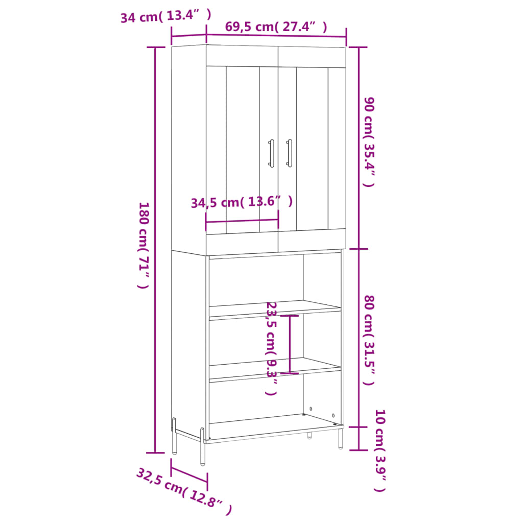 vidaXL højskab 69,5x34x180 cm konstrueret træ hvid højglans