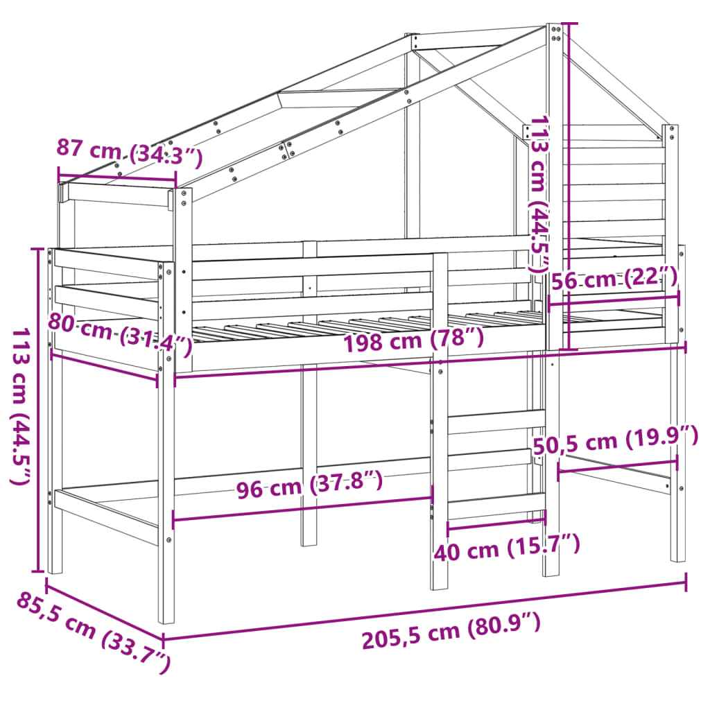 vidaXL højseng med stige og tag 80x200 cm massivt fyrretræ