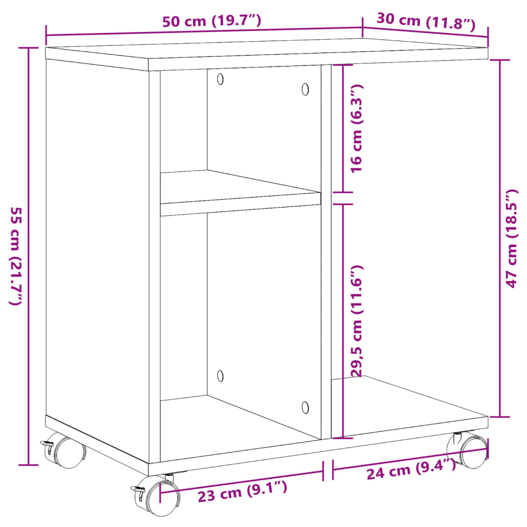 vidaXL sidebord med hjul 50x30x55 cm konstrueret træ betongrå