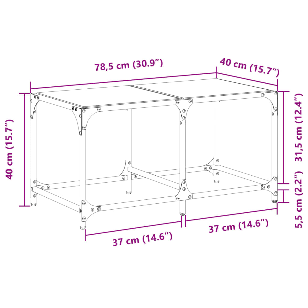 vidaXL sofabord med transparent glastop 78,5x40x40 cm stål