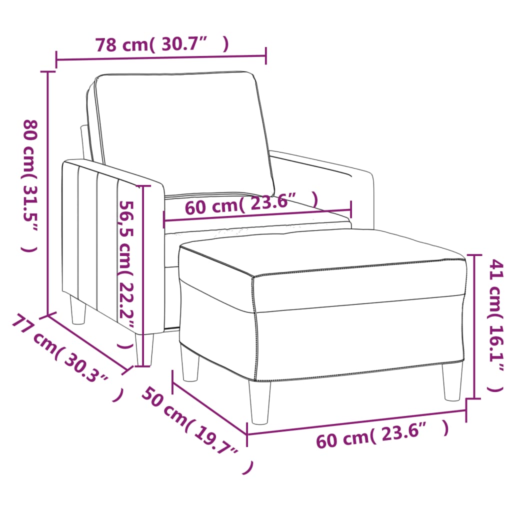 vidaXL sofastol med fodskammel 60 cm velour cremefarvet