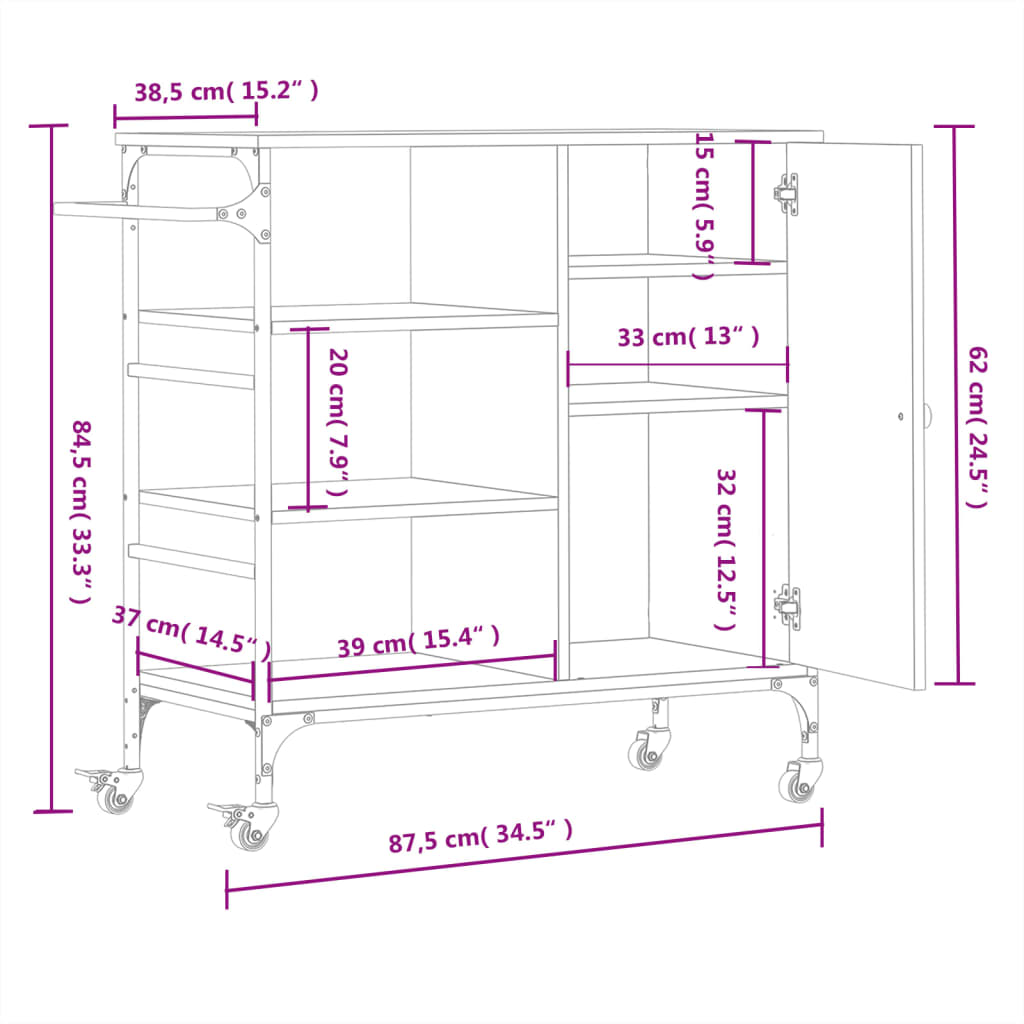 vidaXL køkkenvogn 87,5x38,5x84,5 cm konstrueret træ sonoma-eg