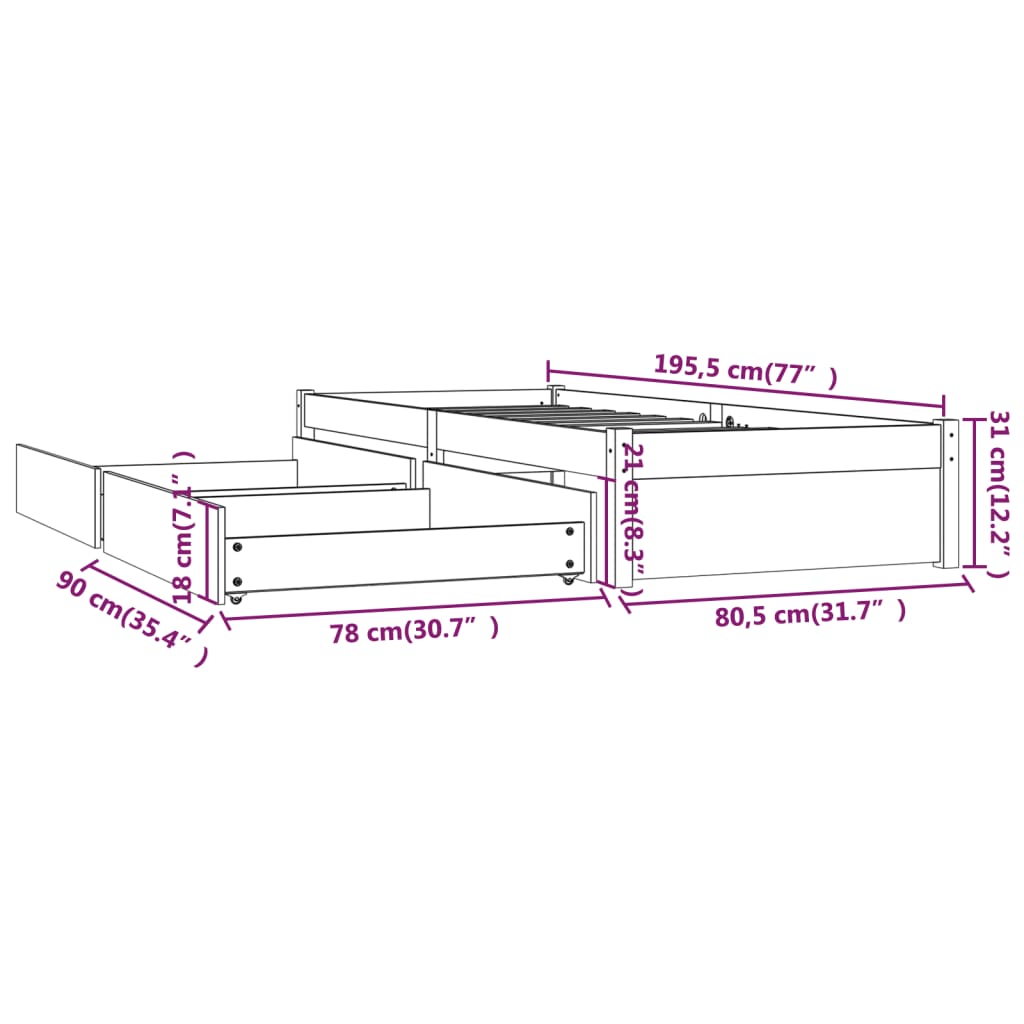 vidaXL sengeramme med skuffer 75x190 cm Small Single hvid