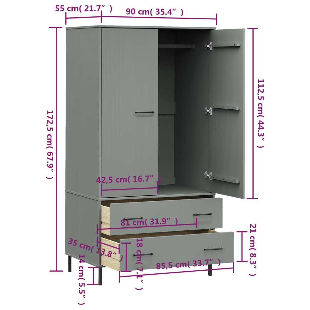 vidaXL klædeskab med metalben OSLO 90x55x172,5 cm massivt træ grå