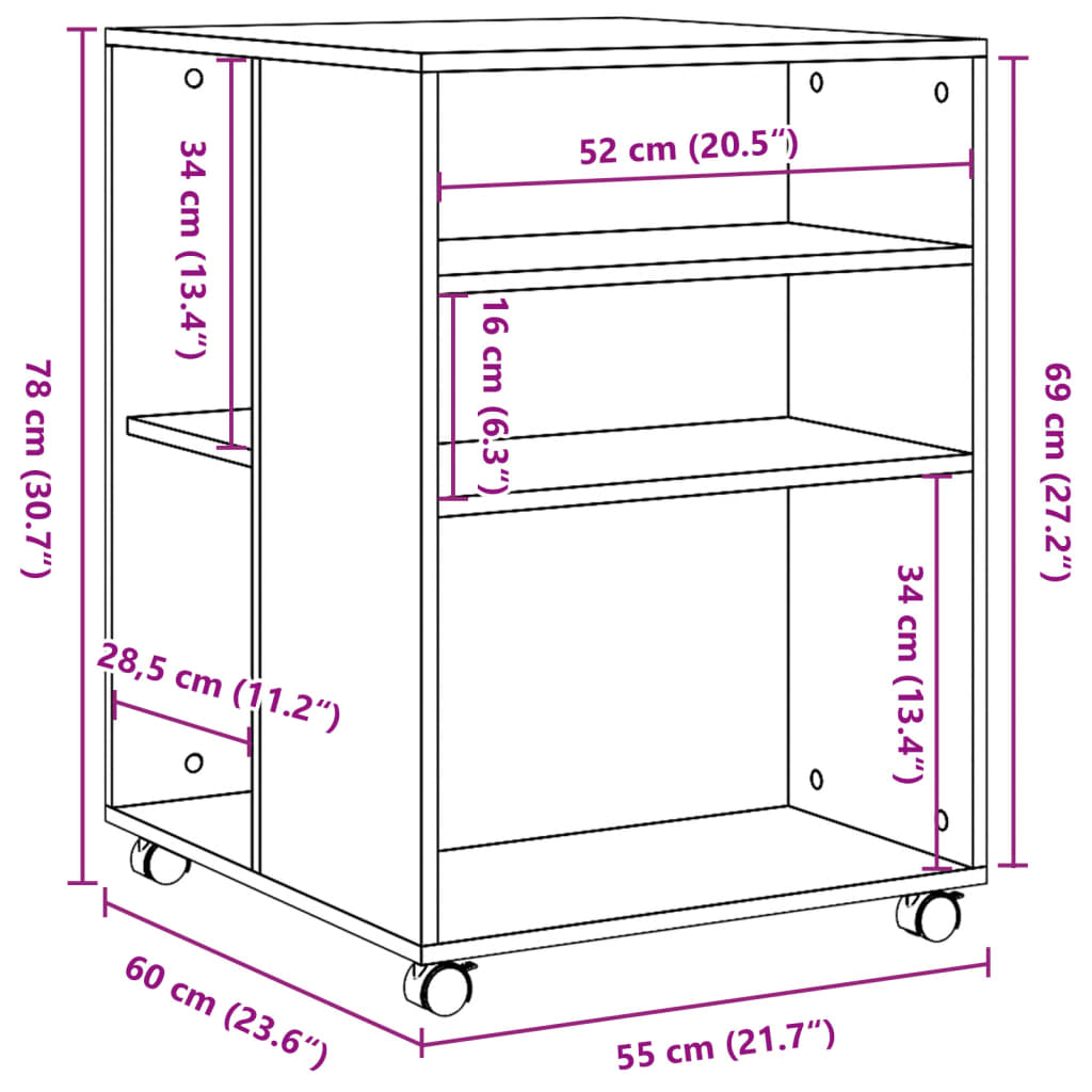 vidaXL sidebord med hjul 55x60x78 cm konstrueret træ betongrå