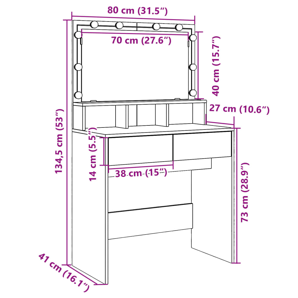 vidaXL makeupbord med LED-lys 80x41x134,5 cm røget egetræsfarve