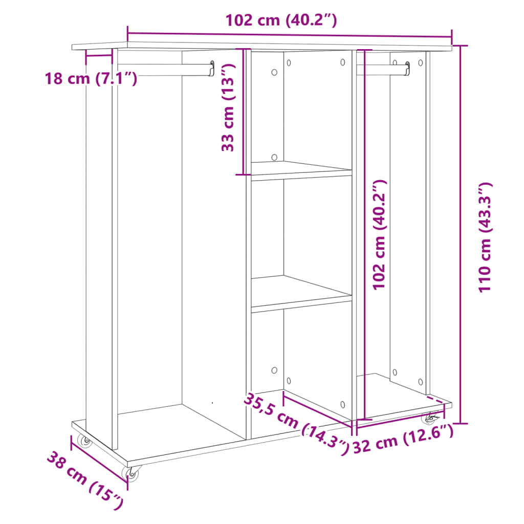 vidaXL klædeskab med hjul 102x38x110 cm konstrueret træ brun egetræ