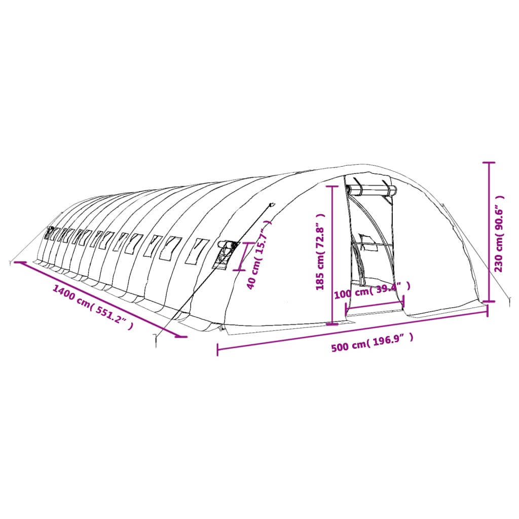 vidaXL drivhus med stålstel 70 m² 14x5x2,3 m grøn