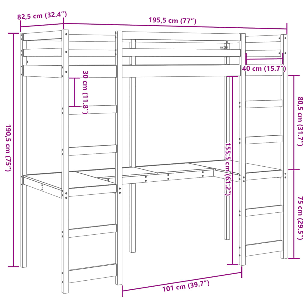 vidaXL højseng uden madras 75x190 cm massivt fyrretræ