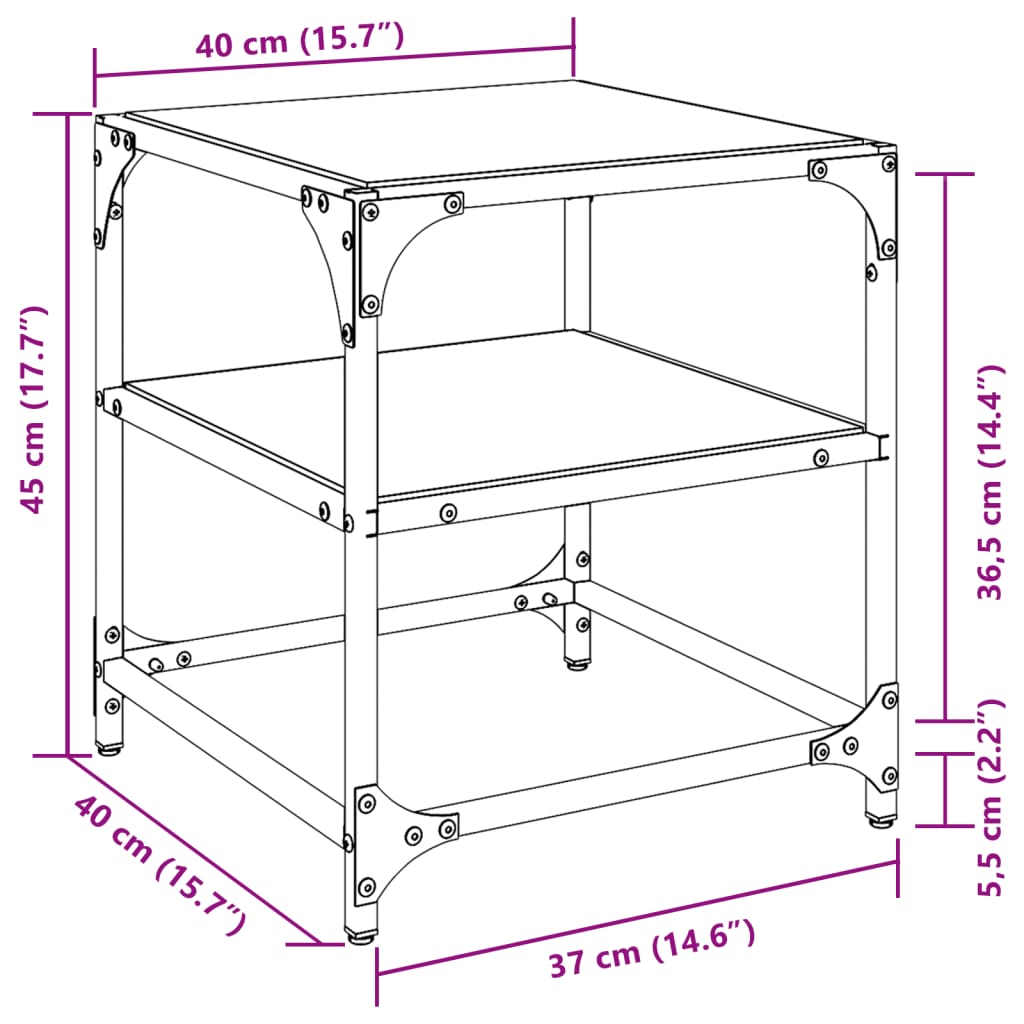 vidaXL sofaborde med sort glastop 2 stk 40x40x45 cm stål