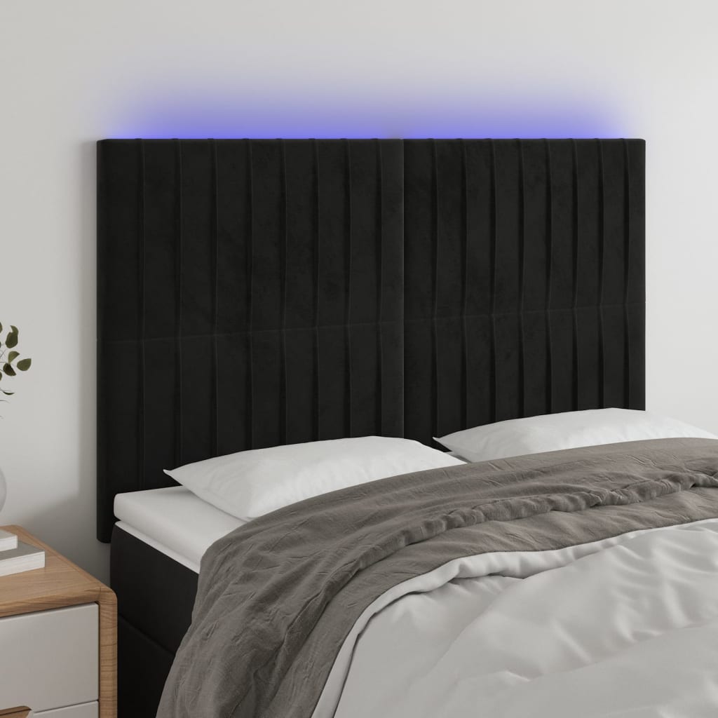 vidaXL sengegavl med LED-lys 144x5x118/128 cm fløjl sort