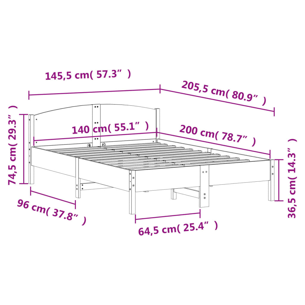 vidaXL sengeramme uden madras 140x200 cm massivt fyrretræ hvid