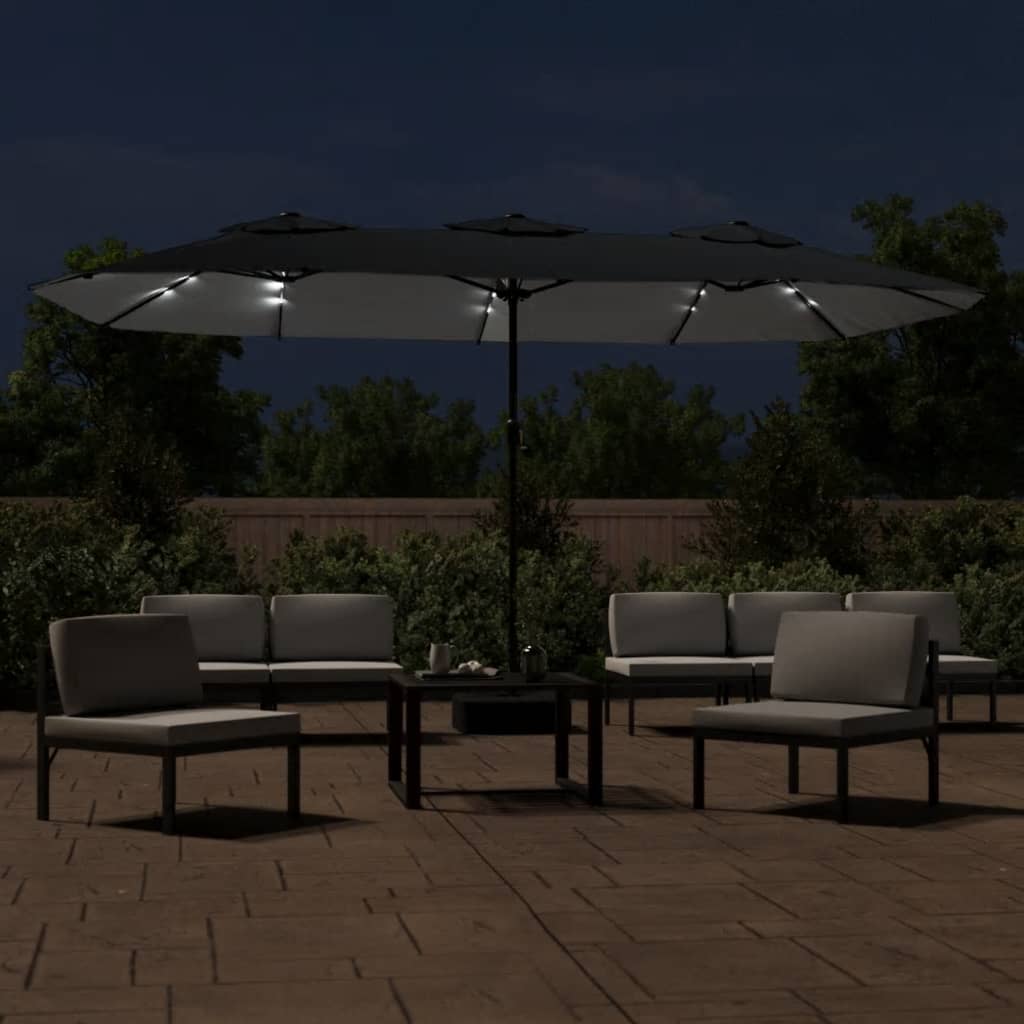 vidaXL parasol med dobbelt parasoldug og LED-lys 449x245 cm sort