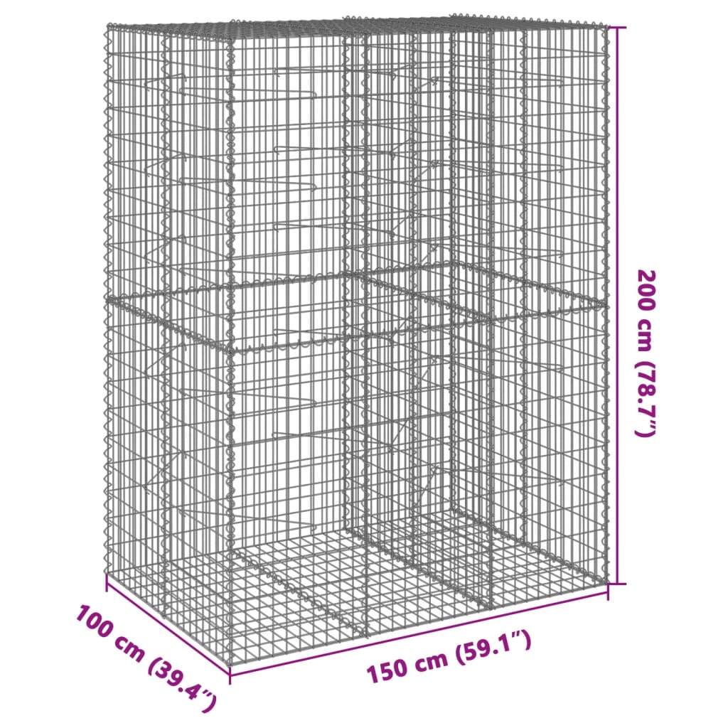 vidaXL gabionkurv med cover 150x100x200 cm galvaniseret jern