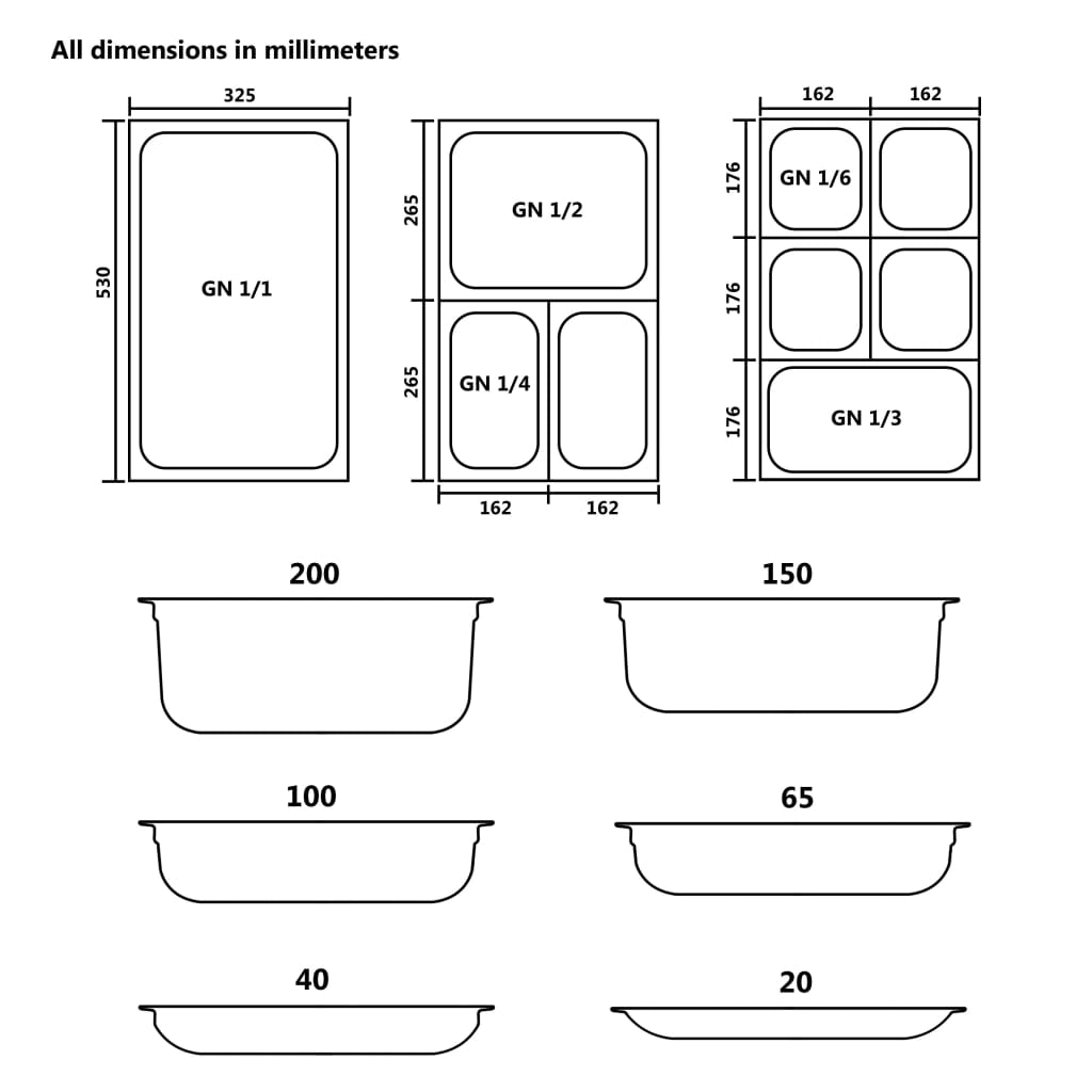 vidaXL gastronorm beholder 8 stk. GN 1/6 200 mm rustfrit stål