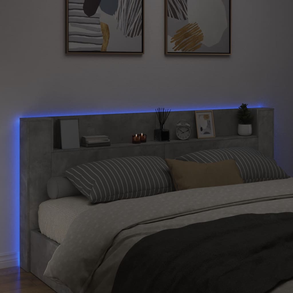 vidaXL sengegavl med opbevaring og LED-lys 220x16,5x103,5 cm betongrå