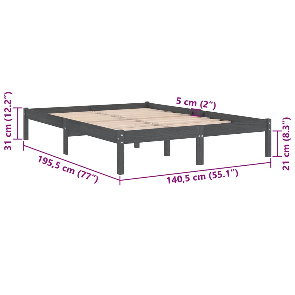 vidaXL sengeramme 135x190 cm Double massivt fyrretræ grå