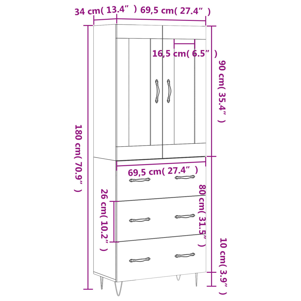 vidaXL højskab 69,5x34x180 cm konstrueret træ hvid