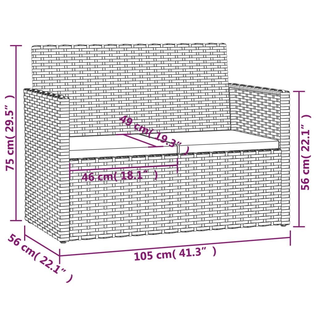 vidaXL havebænk med hynder 105 cm polyrattan sort