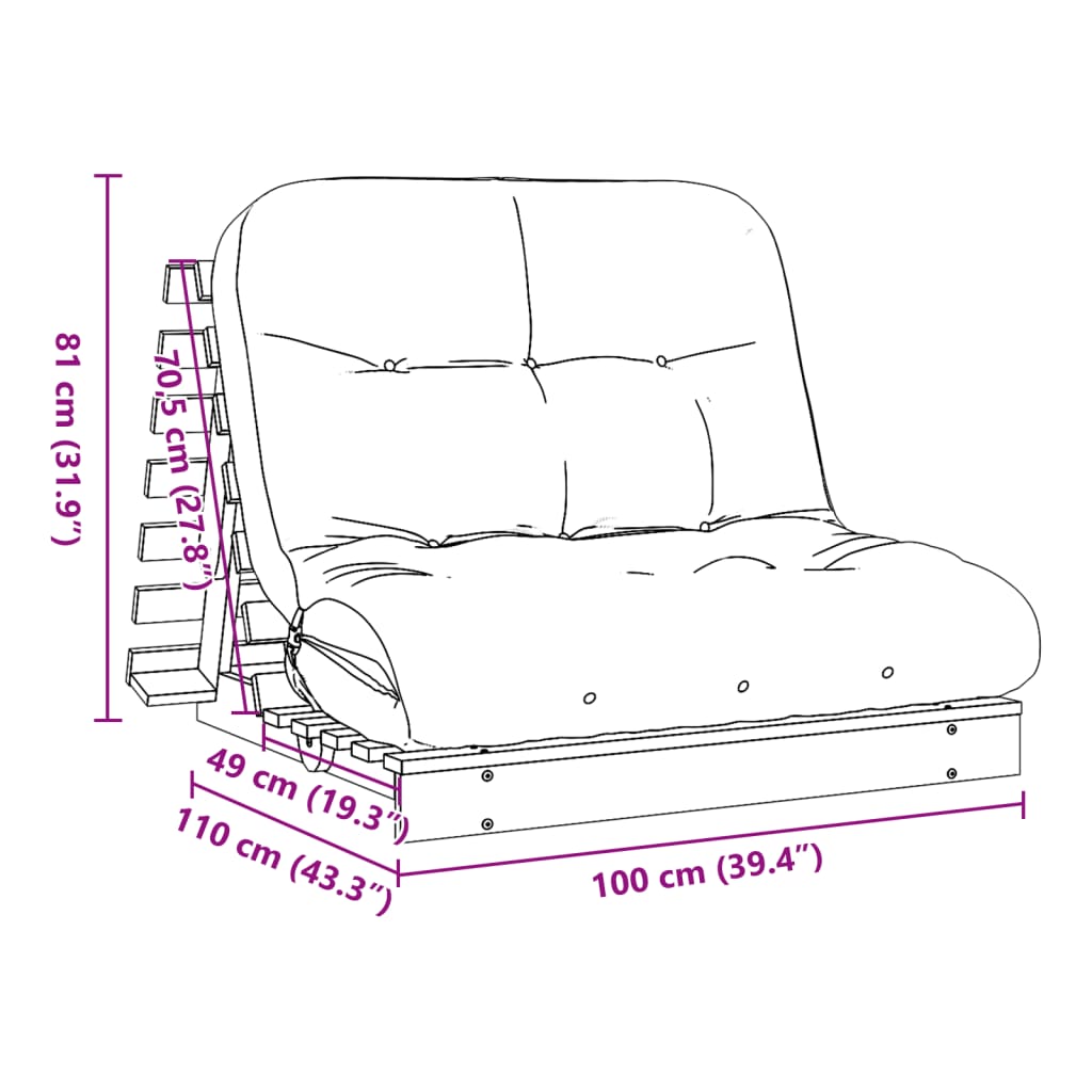 vidaXL futon med madras 100x206x11 cm massivt fyrretræ