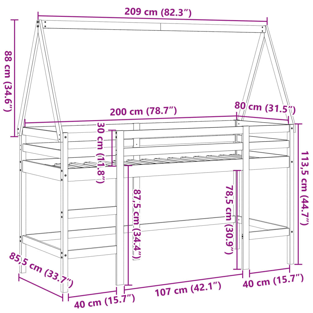 vidaXL højseng med stige og tag 80x200 cm massivt fyrretræ